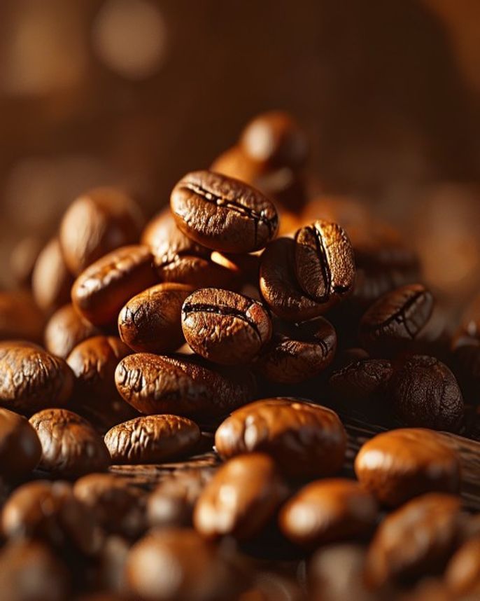 Macro of freshly roasted glossy coffee beans catching warm light