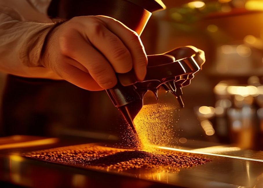 A barista's hands tamping ground espresso into a portafilter