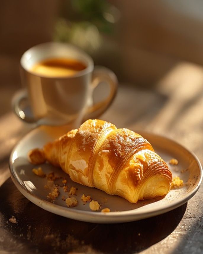A golden flaky butter croissant on a ceramic plate beside an espresso
