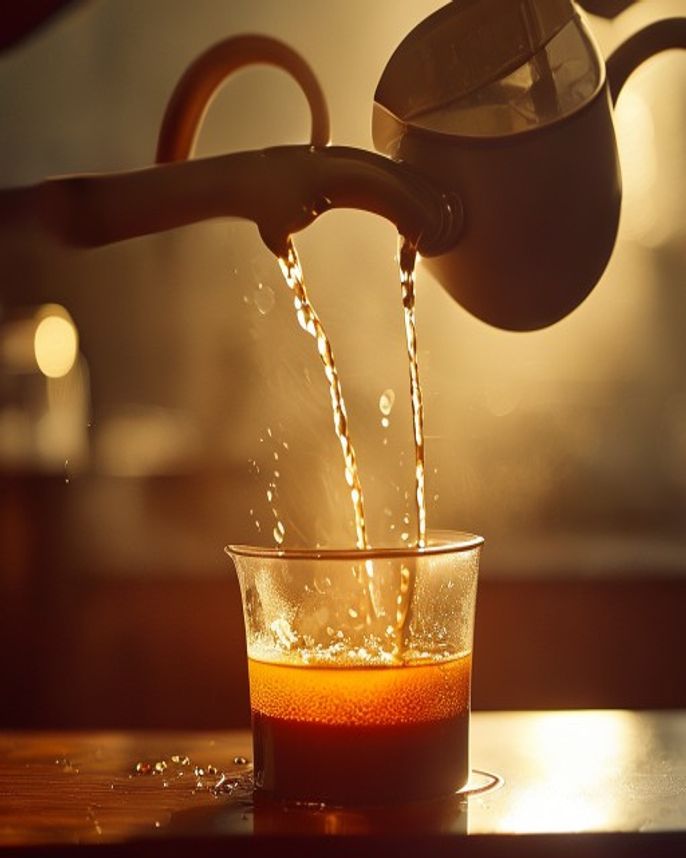 A gooseneck kettle pouring a thin stream over a pour-over filter, steam rising
