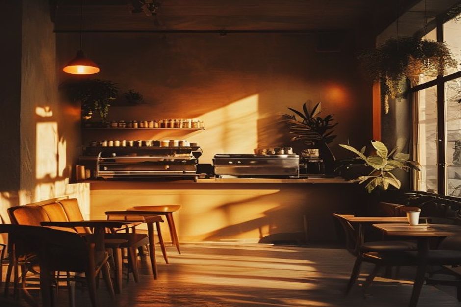 Interior of a warm specialty coffee bar in golden morning light, blond wood and hanging plants