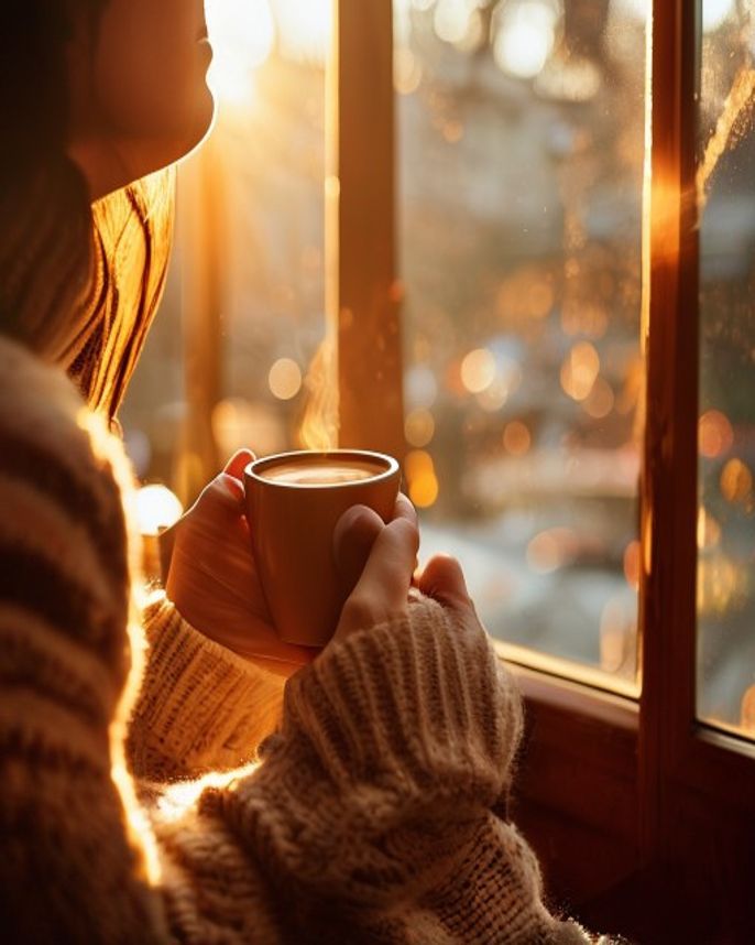 A person cradling a warm coffee cup by a sunlit café window